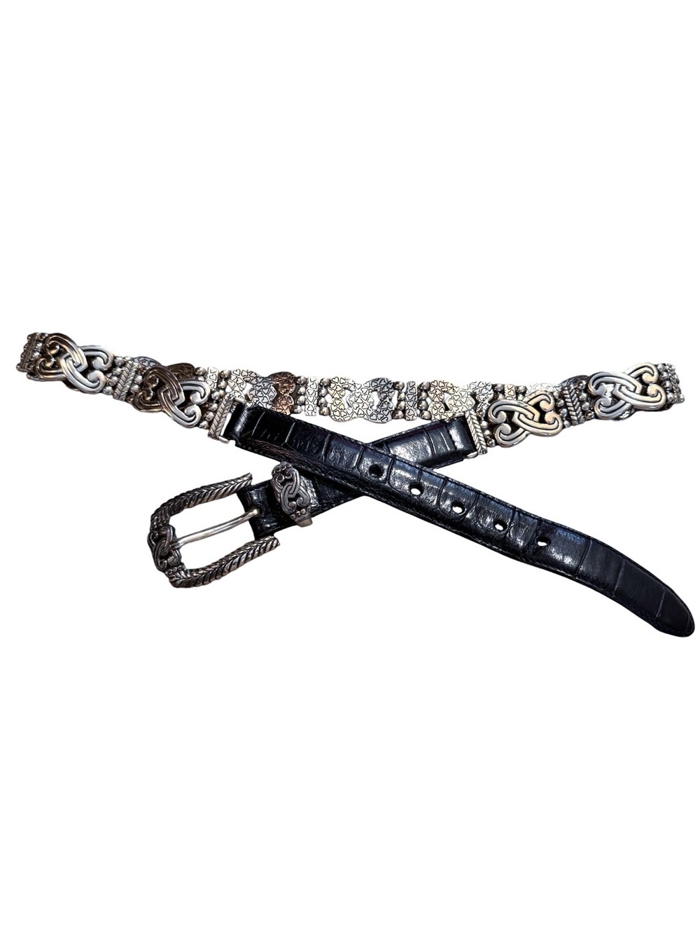Brighton Interlocking Hearts Belt Silver Metal Black Croc Embossed Leather 30 M